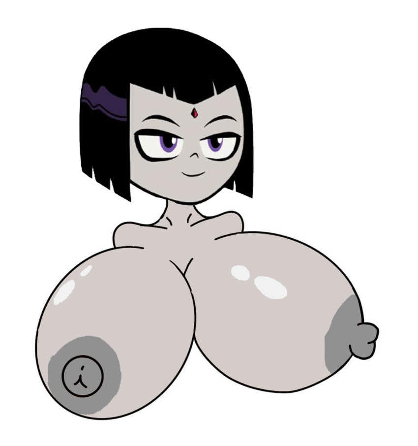 1girl alternate_breast_size big_breasts breasts breasts_bigger_than_head cartoon_network dc_comics female_only fv1883draws giant_breasts goth huge_breasts nipples older older_female raven_(dc) simple_background solo_female teen_titans_go upper_body white_background young_adult young_adult_woman