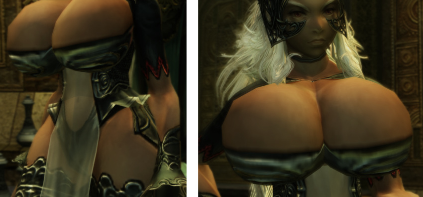 3d armor barely_contained big_breasts bikini_armor bimbo bimbofied breast_focus breasts bursting_breasts cleavage dark-skinned_female dark_skin final_fantasy final_fantasy_xii fran gigantic_breasts head_out_of_frame hips huge_breasts huge_hips huge_thighs indoors looking_at_viewer massive_breasts rabbit_girl thick_thighs thighs tight_clothes viera white_hair wide_hips