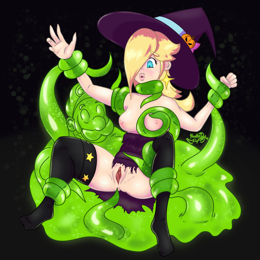 1_girl 1girl about_to_be_raped blonde blonde_hair blue_eyes breasts dress earrings exposed_breasts female female_human hair_over_one_eye hat human imminent_sex imminent_tentacle_rape long_blonde_hair long_hair luigi's_mansion no_bra no_panties partially_clothed princess_rosalina pussy restrained rosalina royalty spread_legs star_earrings stockings super_mario_bros. tentacles torn_dress witch_hat witch_rosalina