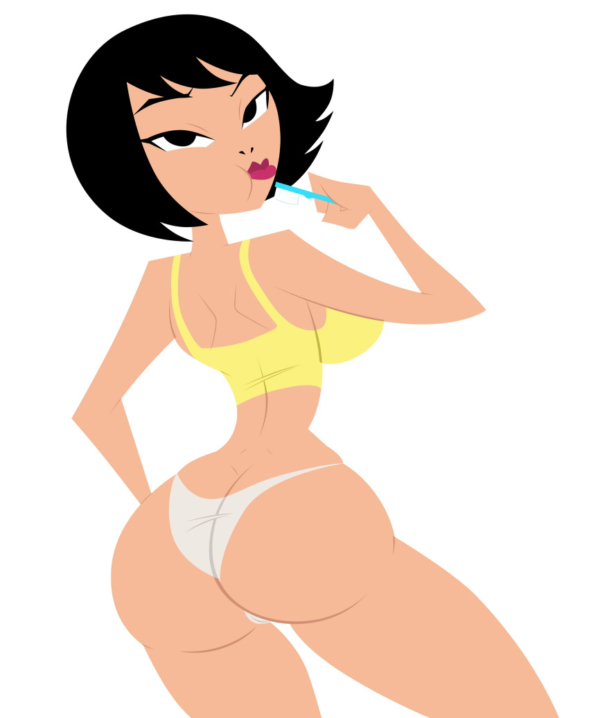 1girl annoyed ashi_(samurai_jack) asian_female ass bare_thighs barely_clothed black_hair bra brushing_teeth clothing cowboy_shot curvaceous curvy_female female_focus grimphantom high_resolution holding_toothbrush huge_ass lipstick looking_at_viewer looking_back makeup mascara pale-skinned_female pale_skin panties posterior_cleavage rear_view red_lipstick samurai_jack short_hair standing thick_thighs thighs toothbrush underwear very_high_resolution viewed_from_behind white_panties white_underwear wide-eyed yellow_bra