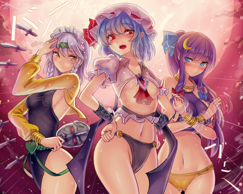 3girls :/ :d adapted_costume alternate_costume alternate_hairstyle bat_wings bikini blue_hair blush bow bracelet braid breasts cameltoe cosplay covered_nipples crescent crescent_hair_ornament dio_brando dio_brando_(cosplay) embarrassed erect_nipples female full_moon hair_bow hair_ornament hands_on_hips hat izayoi_sakuya jewelry jojo's_bizarre_adventure kars_(cosplay) kars_(jojo) knocking large_breasts long_hair looking_at_viewer maid_headdress moon multiple_girls navel open_mouth partially_clothed patchouli_knowledge pointy_ears ponytail power_connection red_eyes red_stone_of_aja remilia_scarlet revealing_clothes sideboob silver_hair slit_pupils small_breasts smile stone_mask_(jojo) topless touhou twin_braids underboob walzrj wamuu wamuu_(cosplay) wham_(cosplay) wings yellow_eyes yuri