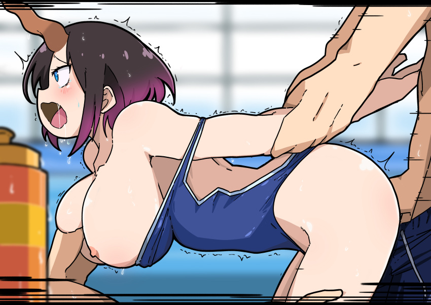1girl 1girl 2boys arm_behind_back bare_shoulders blue_eyes blue_swimsuit blush breast_grab breast_hold breast_press breast_squeeze breasts breasts_out_of_clothes clothes_pull clothing clothing_aside elma_(dragon_maid) eyeroll eyes_rolled_back grabbing grabbing_breasts groping group_sex high_resolution horn looking_pleasured male mark_gavatino miss_kobayashi's_dragon_maid mmf_threesome movement_lines multiple_boys one-piece_swimsuit open_mouth rape saliva saliva_trail sex swimsuit swimsuit_aside swimsuit_pull threesome trembling very_high_resolution