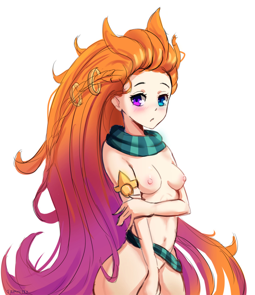 1girl 1girl blue_eyes blush braid breasts contentious_content heterochromia high_resolution league_of_legends light-skinned light-skinned_female long_hair looking_at_viewer mostly_nude nipples orange_hair partially_clothed purple_eyes small_breasts tied_hair zoe_(league_of_legends)