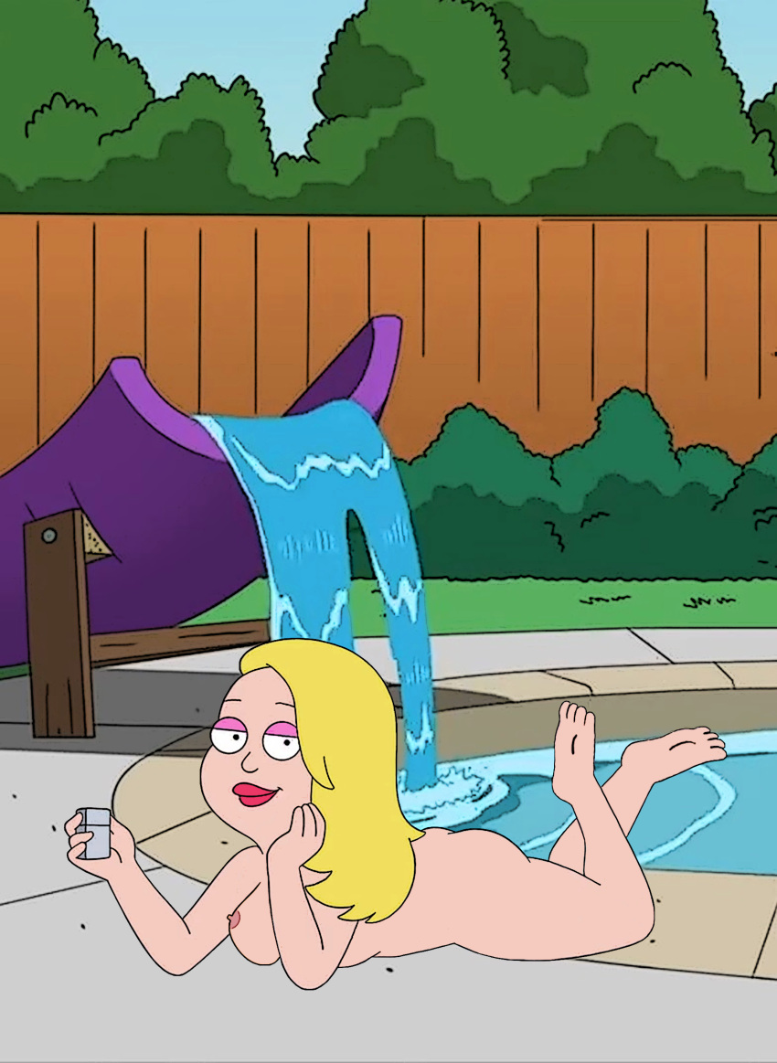 american_dad ass blonde_hair breasts feet francine_smith lighter looking_at_viewer lying_on_stomach nipples nude poolside public_nudity water_slide