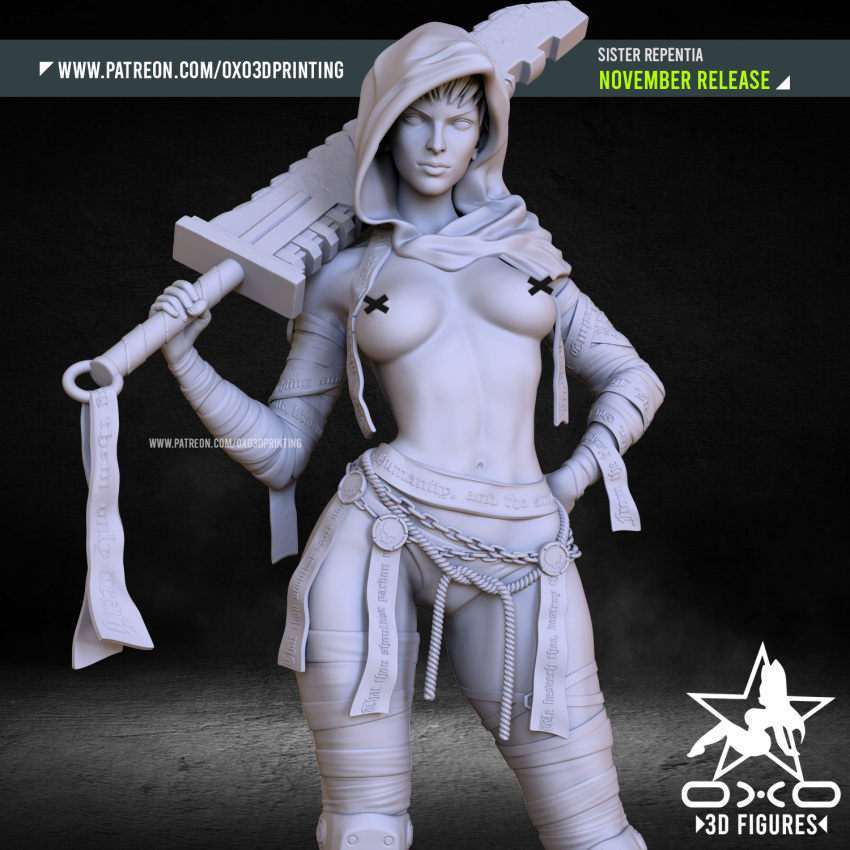 3d 3d_(artwork) 3d_model armored_boots bandaged_arm bandaged_leg bandages bandages_on_arms bandages_on_legs bandaids_on_nipples bare_midriff breasts chainsword covered_nipples figurine hand_on_hip hood miniatures oxo3d_printing ropes scarf semi_nude short_hair sister_of_battle sister_repentia sword warhammer_(franchise) warhammer_40k