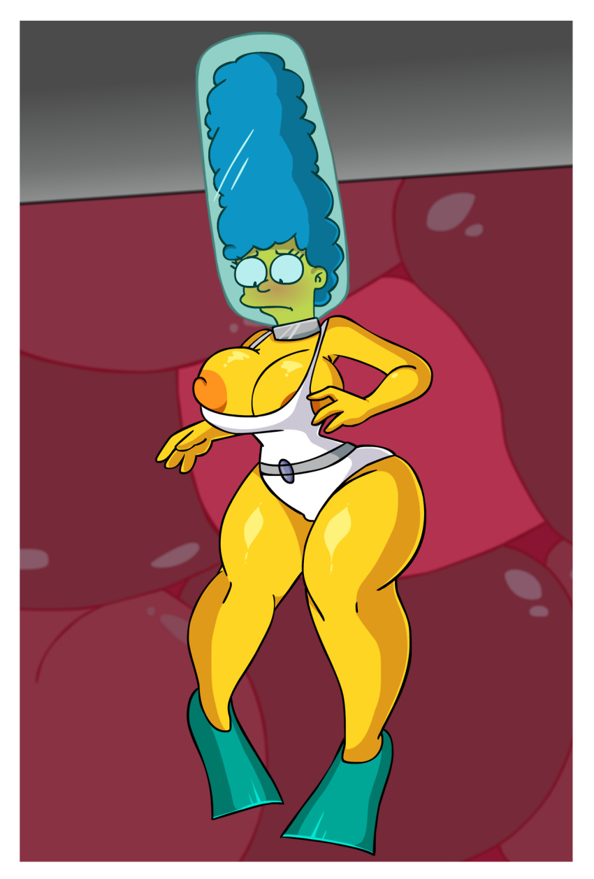 1female 1girl big_breasts blue_hair blush bursting_breasts detnox flippers leotard looking_at_breasts marge_simpson milf one-piece_swimsuit swimsuit the_simpsons underwater white_leotard white_swimsuit yellow_skin