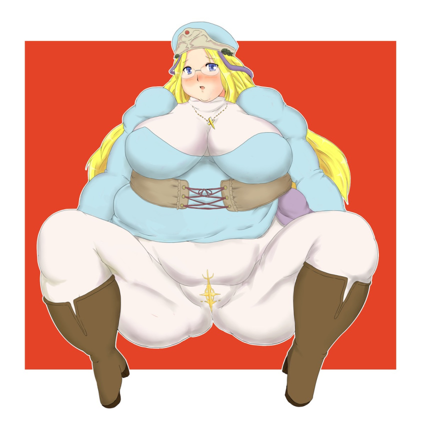 1girl blonde_hair blue_eyes blush boots breasts cross fat_mons glasses hiro5452 huge_breasts jewelry long_hair melpha necklace nun obese open_mouth pantyhose plump queen's_blade sitting solo spread_legs thick_thighs thighs tight