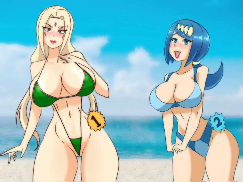 2_girls ass beach bikini blush breasts crossover huge_ass huge_breasts inkrait_(artist) lana's_mother looking_at_viewer milf naruto navel pokemon tsunade