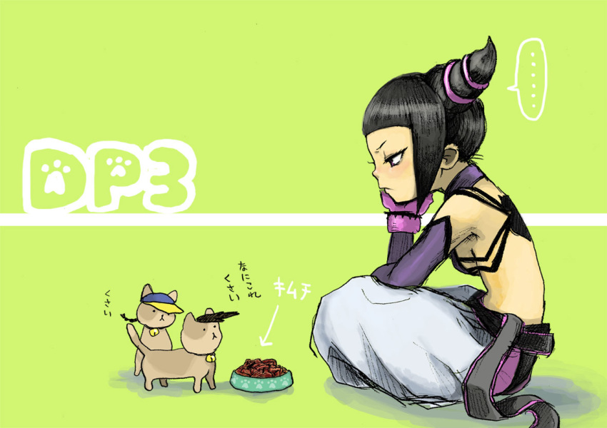1girl animalization baggy_pants bare_shoulders bell bell_collar black_hair breasts capcom cat chin_rest collar cosplay detached_sleeves drill_hair elbow_gloves gloves halter_top halterneck han_juri indian_style juri_han juri_han_(cosplay) kimchi pants riry sideboob sitting street_fighter street_fighter_iv super_street_fighter_iv translated twin_drills twin_tails yang_lee yun_lee