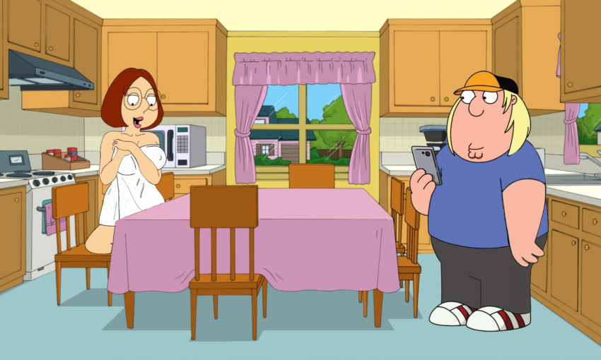 big_breasts brother_and_sister chris_griffin clothed_male_nude_female covering family_guy kitchen meg_griffin nude nude taking_picture towel