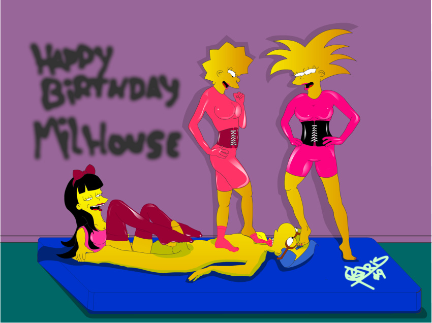 3girls aged_up big_breasts footjob jessica_lovejoy lingerie lisa_simpson maggie_simpson milhouse_van_houten nude_male the_kofchrisguy the_simpsons yellow_skin