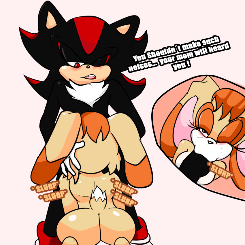 1boy 1boy1girl 1girl 5_fingers anthro ass black_body blue_eyes blush bunny_ears colored dat_ass dialogue duo english_dialogue english_text fellatio fingers gloves hair hedgehog lagomorph leporid long_ears male male/female milf mobian_(species) oral orange_body orange_hair penis rabbit red_body red_eyes sega shadow_the_hedgehog simple_background sonic_the_hedgehog_(series) soulyagami64 straight tan_body text vanilla_the_rabbit video_games white_background