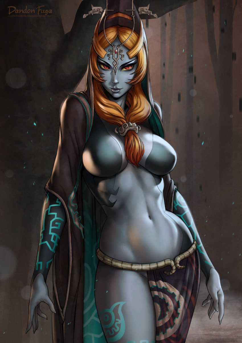 1girl absurd_res alternate_breast_size belly belt big_breasts blue_skin breasts dandon_fuga female_only front_ponytail functionally_nude hair_ornament hairless_pussy hourglass_figure legs long_hair midna midna_(true) midriff navel nintendo no_bra no_nipples no_panties nude orange_hair pointy_ears pussy red_eyes spoilers the_legend_of_zelda thighs toned twili_midna twilight_princess