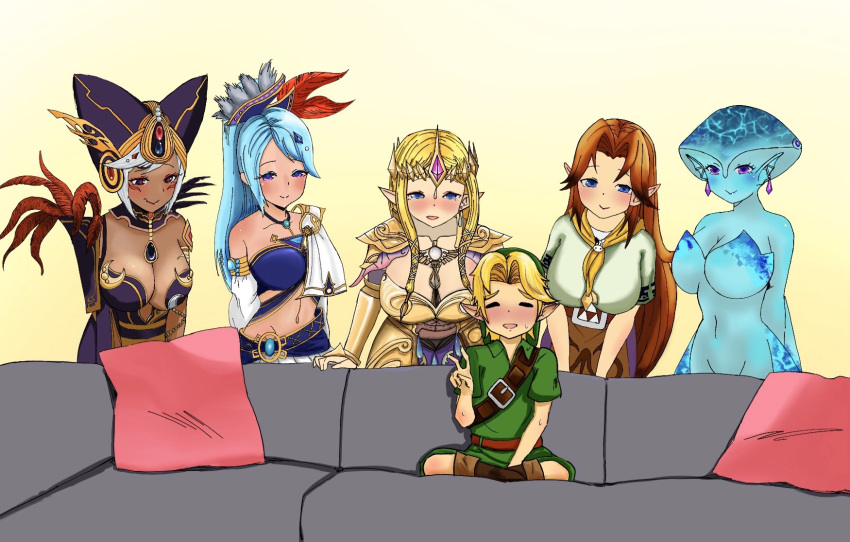 1boy 5girls age_difference blonde_hair blue_eyes blue_skin bowsey breasts brown_hair cia_(the_legend_of_zelda) closed_eyes clothed cyan_eyes dark-skinned_female dark_skin high_res high_resolution hylian hyrule_warriors jewelry lana_(the_legend_of_zelda) link looking_at_another male malon meme multiple_girls navel open_mouth piper_perri_surrounded pointy_ears princess_ruto princess_zelda purple_eyes simple_background sky_(freedom) the_legend_of_zelda third-party_edit white_hair yellow_background young_link zelda_(hyrule_warriors) zelda_musou zora