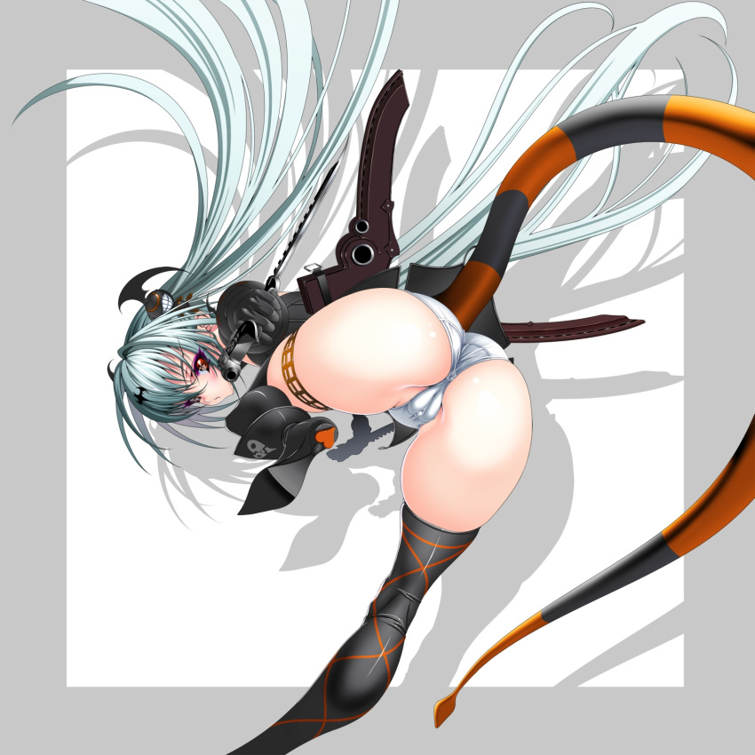 1girl alice_(queen's_gate) alice_(queen's_gate) alice_(queens_gate) anus ass bad_id cameltoe dagger from_behind gun head_wings headwings high_res highres inagaki long_hair looking_back nitroplus panties queen's_blade queen's_gate queen's_blade queen's_gate red_eyes silver_hair solo stockings tail thighhighs underwear very_long_hair weapon white_panties