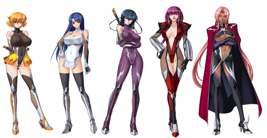 5_girls 5girls areola_slip areolae armor arms_behind arms_behind_back bangs bare_shoulders big_breasts black_hair black_legwear black_panties blonde_hair blue_eyes blue_hair blunt_bangs bodysuit boots breast_hold breasts cape center_opening cleavage cleavage_cutout clenched_hand cloak closed_mouth clothed_navel collarbone contrapposto covered_navel crossed_arms dark_skin dress elbow_gloves erect_nipples everyone expressionless eyebrows female fishnets flipped_hair full_body gloves greaves grin groin hair_between_eyes half-closed_eyes hand_on_hip hand_on_own_thigh head_tilt high_heels highleg highleg_leotard hime_cut hips igawa_asagi igawa_sakura impossible_clothes impossible_leotard ingrid_(taimanin_asagi) ingrid_(taimanin_murasaki) kagami kagami_hirotaka katana large_breasts legs legs_crossed leotard light_smile lineup lipstick long_hair looking_at_viewer low_ponytail low_twintails makeup miniskirt mole mole_under_mouth mound_of_venus multiple_girls navel ninja no_bra oboro_(taimanin_asagi) official_art orange_hair panties parted_bangs parted_lips pelvic_curtain pink_hair pleated_skirt ponytail puffy_sleeves purple_hair purple_lipstick red_eyes sheath sheathed shiny shiny_clothes shiny_skin shoes short_dress short_hair showgirl_skirt siblings simple_background sisters skin_tight skirt smile standing stockings sword taimanin_(series) taimanin_asagi taimanin_murasaki taut_clothes thick_eyebrows thigh_boots thigh_gap thighhighs thighs turtleneck twintails two_side_up underboob underwear unitard vambraces very_long_hair weapon white_background yatsu_murasaki