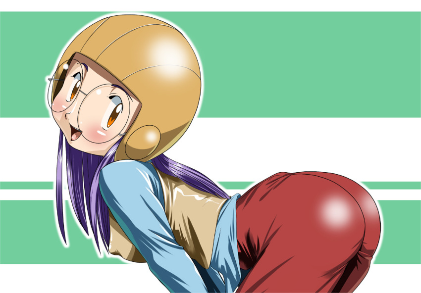 ass bent_over blush brown_eyes digimon digimon_adventure_02 digimon_adventures_02 erect_nipples glasses helmet hikawadou inoue_miyako long_hair long_sleeves looking_at_viewer open_mouth purple_hair small_breasts striped striped_background tight_pants vest