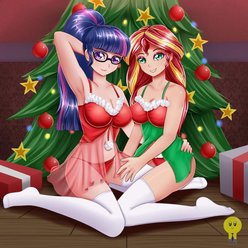 2_girls 2girls bespectacled christmas christmas_clothing christmas_tree equestria_girls female female_only focus_bx friendship_is_magic glasses humanized long_hair looking_at_viewer my_little_pony panties partially_clothed red_panties stockings sunset_shimmer sunset_shimmer_(eg) twilight_sparkle twilight_sparkle_(mlp) white_stockings