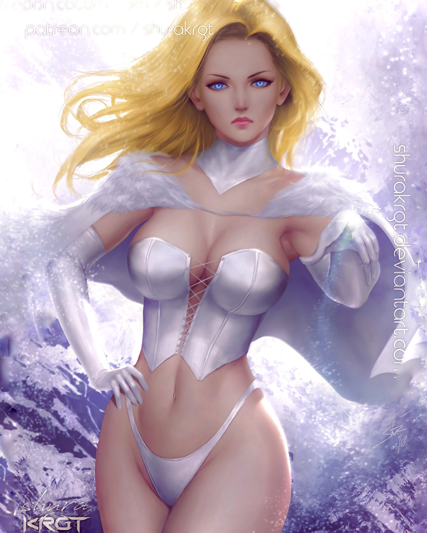 1girl 1girl 1girl big_breasts blonde_hair blue_hair breasts cleavage clothing contrapposto corset curvaceous curves curvy_figure emma_frost female_only front_view g-string gloves hand_on_hip high_resolution hourglass_figure linea_alba lipstick makeup marvel_comics midriff mutant panties patreon_address pink_lipstick revealing_clothes shurakrgt slender_waist snow stockings stockings superheroine thighs thong underwear upper_body voluptuous web_address white_corset white_gloves white_panties white_queen white_underwear wide_hips winter x-men