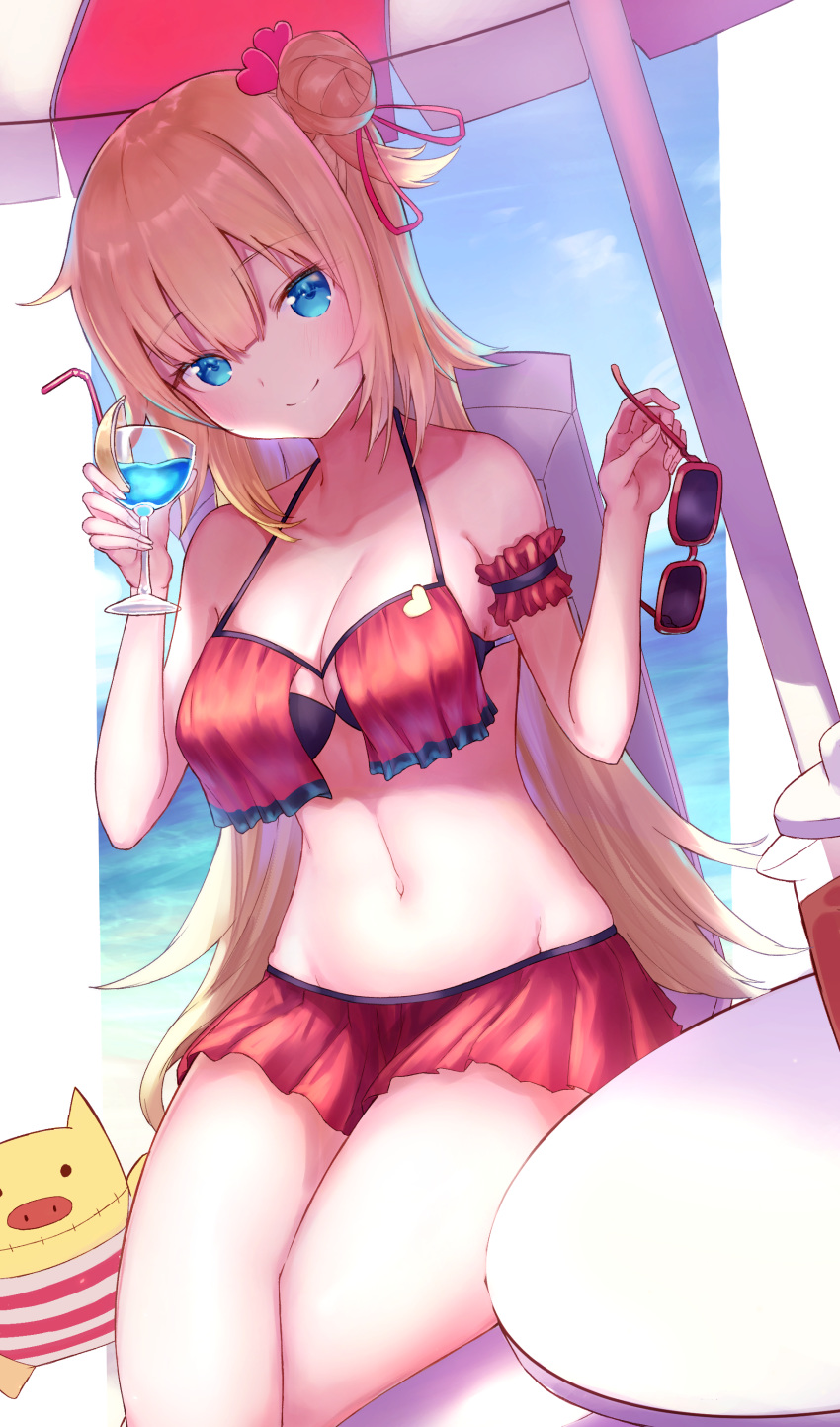 1girl akai_haato alternate_costume bangs beach big_breasts bikini black_bikini black_swimsuit blonde blue_eyes blush breast_curtains breasts chair cleavage closed_mouth cup day drinking_straw feet_out_of_frame hair_ornament hayataku1234 heart high_resolution holding holding_cup holding_eyewear hololive long_hair looking_at_viewer megane micro_bikini navel official_alternate_costume one_side_up outside parasol pig red_ribbon red_swimsuit ribbon sitting smile sunglasses swimsuit table thighs umbrella very_high_resolution virtual_youtuber