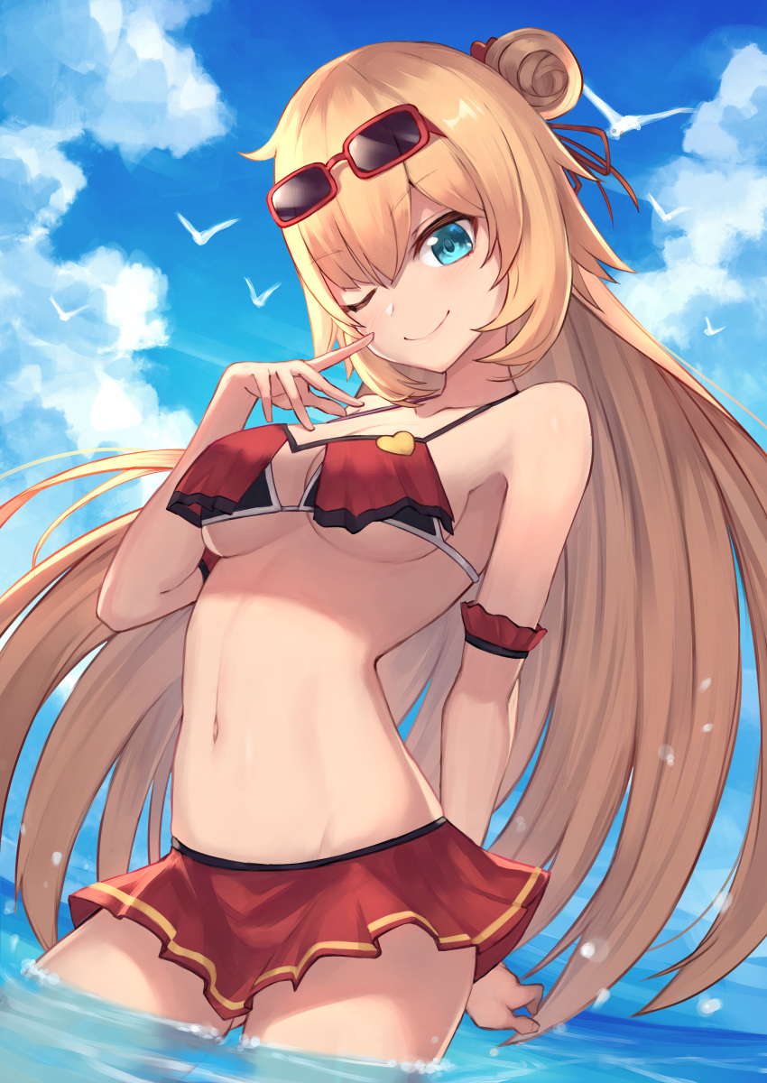 1girl ;) akai_haato alternative_costume arm_garter big_breasts bikini bird blonde blue_eyes blue_sky blush breast_curtains breasts closed_mouth cloud day eyebrows_visible_through_hair eyewear_on_head fingernails groin hair_bun hand_up heart high_resolution hololive horizon large_filesize long_hair looking_at_viewer masaki_(msk064) medium_breasts navel ocean official_alternate_costume one_eye_closed outside partially_submerged red-framed_eyewear red_bikini ribbon sidelocks sky smile standing sunglasses swimsuit tied_hair under_boob very_high_resolution very_long_hair virtual_youtuber wading water wink
