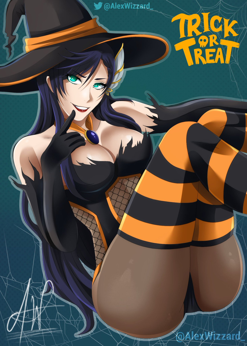 1girl alex_wizzard alternate_costume ass big_ass big_breasts breasts brunhild_(shuumatsu_no_valkyrie) cosplay female_only halloween impossible_clothes leotard revealing_clothes shuumatsu_no_valkyrie solo_female striped_legwear trick_or_treat witch's_garden witch_hat