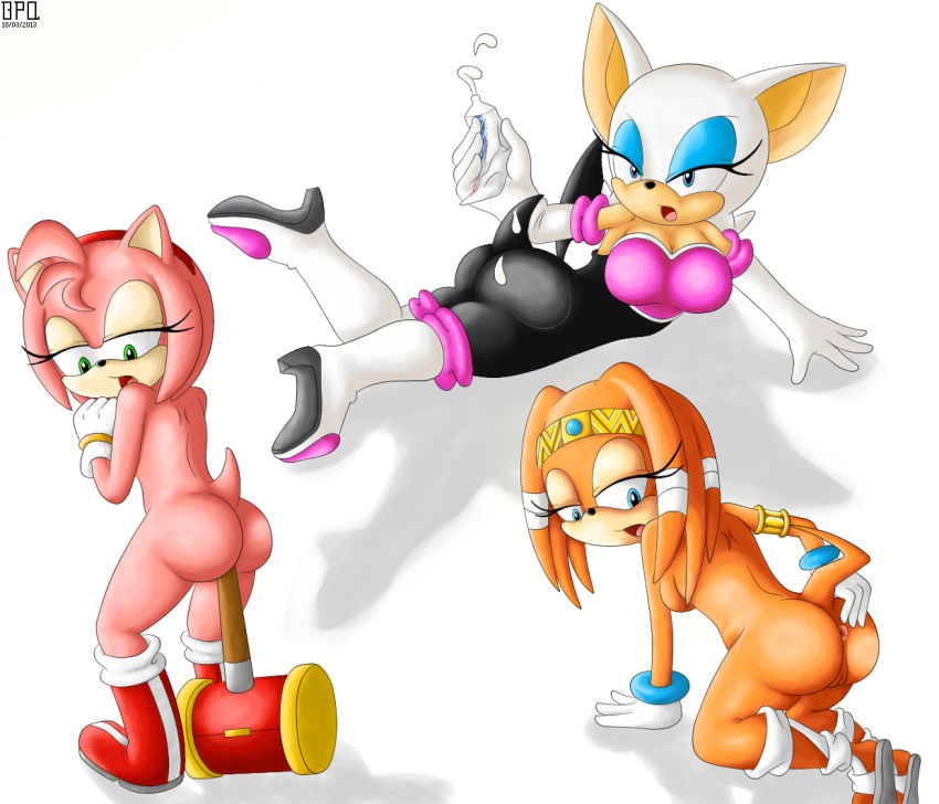 amy_rose anthro anus ass blue_eyes boots bpq00x bracelet breasts bubble_butt cum erect_nipples furry gloves green_eyes hammer jewelry looking_back nude orange_hair pink_hair pussy rouge_the_bat shiny shiny_skin short_hair smile sonic_(series) sonic_team tikal_the_echidna weapon white_hair