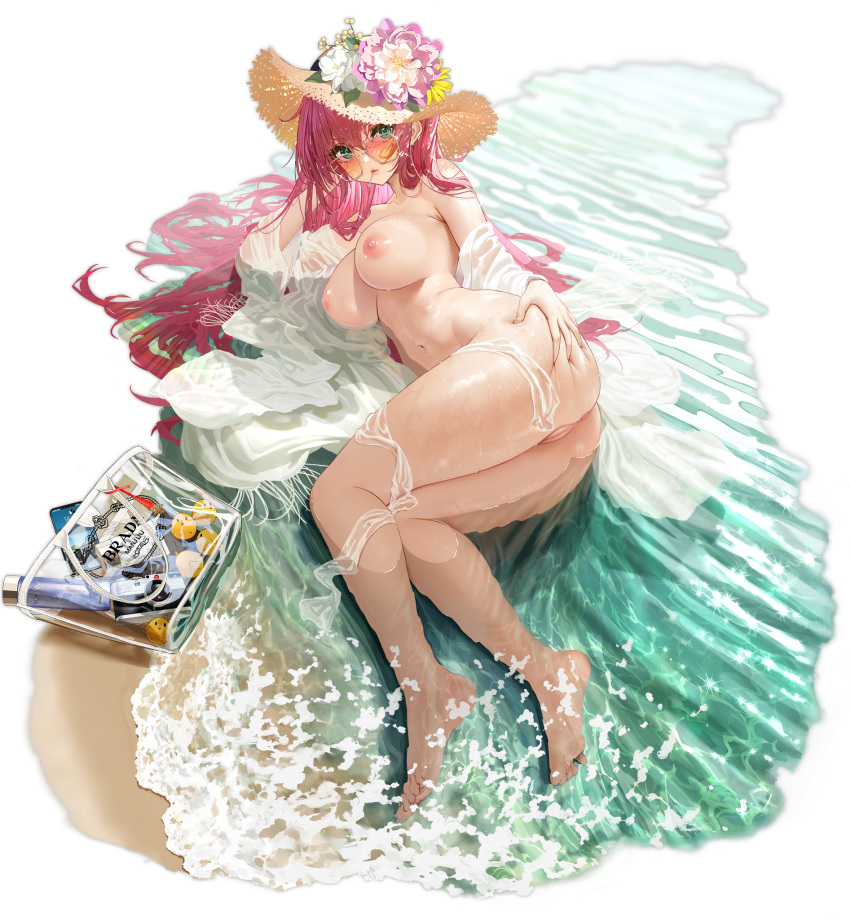 anus ass ass_grab azur_lane beach big_breasts breasts feet grabbing_own_ass groping hat high_resolution long_hair lying megane nipples nude on_side partially_submerged pink_hair pussy straw_hat sunglasses surcouf_(azur_lane) surcouf_(loisirs_balneaires)_(azur_lane) transparent_background uncensored wet yunsang
