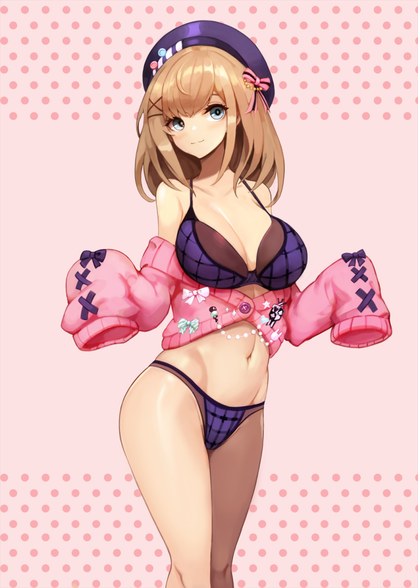 1girl 1girl bangs bare_shoulders beret big_breasts black_headwear blue_eyes blush bow bra breasts brown_hair cardigan clavicle cleavage closed_mouth hair_ornament hairclip hat hat_bow hat_ornament high_resolution long_hair long_sleeves looking_at_viewer navel nijisanji notte off_shoulder open_cardigan open_clothes panties pink_background pink_bow pink_cardigan polka_dot polka_dot_background purple_bow purple_bra purple_panties sidelocks sleeves_past_fingers sleeves_past_wrists smile standing stomach suzuhara_lulu thighs underwear virtual_youtuber x_hair_ornament