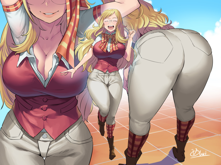 1girl ass bent_over blonde_hair bowtie breasts cleavage closed_eyes full_body glasses huge_ass huge_breasts jeans long_hair megane melissa_shield my_hero_academia obui open_mouth parted_lips smile teeth thick_thighs thighs tongue vest wide_hips