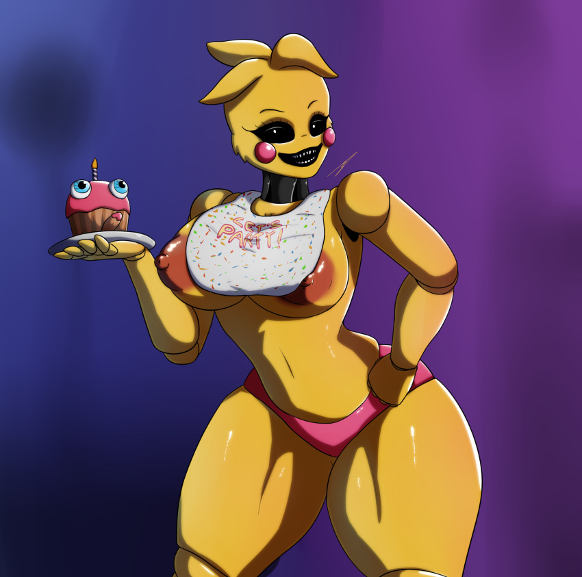 1girl 1girl artist_signature avian background big_breasts five_nights_at_freddy's five_nights_at_freddy's_2 hb-viper large_areolae looking_at_viewer nipple_slip panties penis thick_thighs toy_chica_(fnaf) yellow_skin