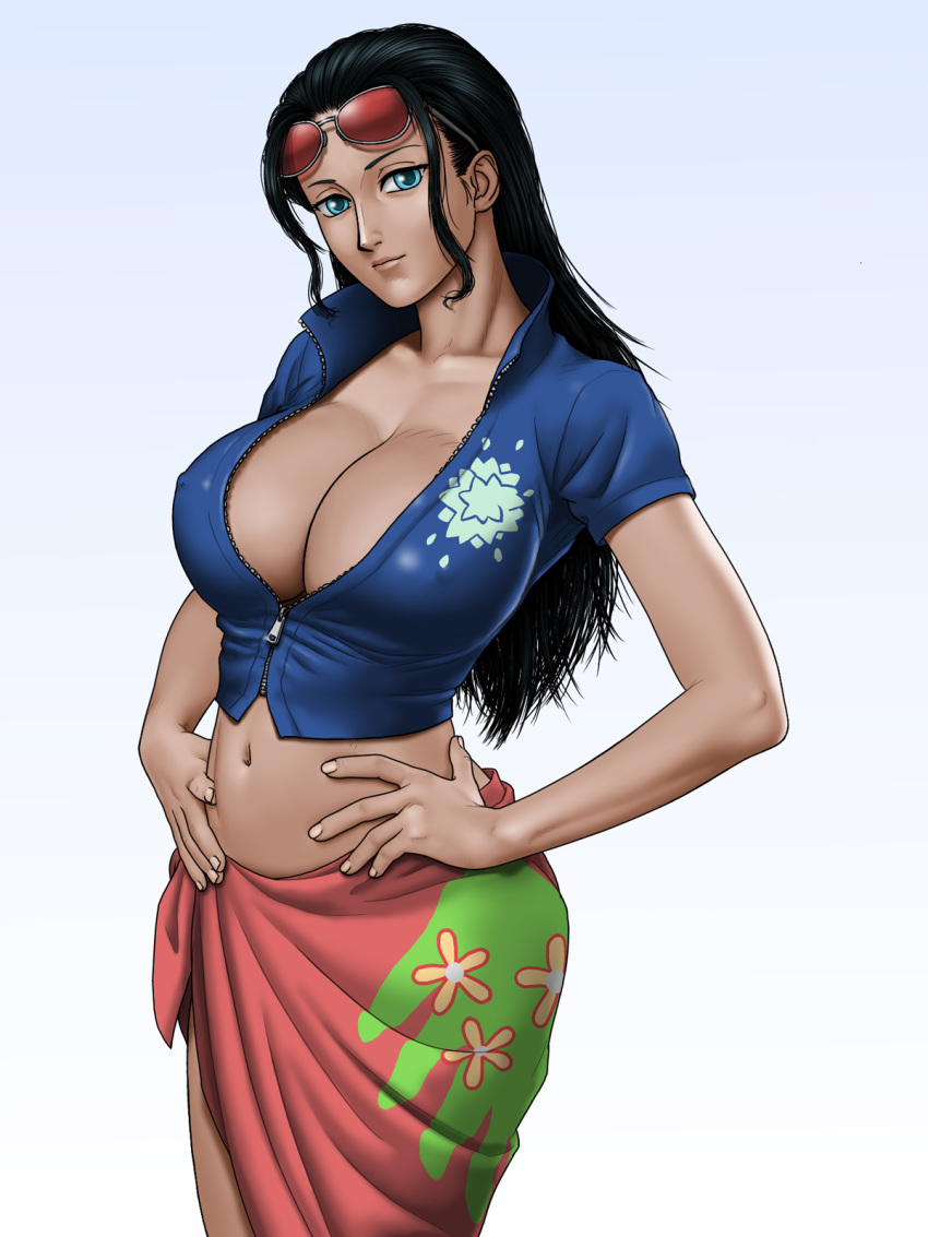 black_hair blue_eyes blue_shirt breasts cleavage collarbone cowboy_shot crop_top erect_nipples female fingernails floral_print flower glasses glasses_on_head gradient gradient_background hair_slicked_back hands_on_hips head_tilt highres huge_breasts karma-laboratory karma_laboratory long_hair looking_at_viewer lowleg midriff navel nico_robin no_bra one_piece open_clothes open_shirt pink_skirt revealing_clothes sarong shirt short_sleeves side_slit simple_background skirt smile solo standing sunglasses sunglasses_on_head unzipped zipper