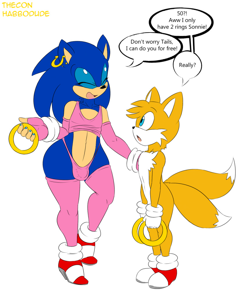 anthro blue_eyes blue_hair bulge canine closed_eyes crossdressing dialog ear_piercing english_text fox girly habbodude hair hedgehog male miles_"tails"_prower orange_hair piercing prostitution sega smile sonic_(series) sonic_the_hedgehog text thecon