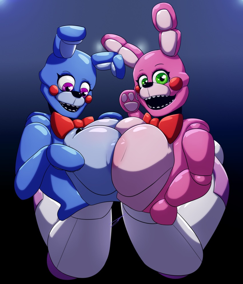 1girl 2_girls anthro areola artist_signature big_breasts blue_skin bon_bon_(fnaf) bonnet_(fnaf) bowtie breast_press breasts bunny five_nights_at_freddy's five_nights_at_freddy's:_sister_location fnaf_sister_location funtime_freddy_(fnaf) green_eyes hb-viper huge_breasts lagomorph looking_at_viewer open_mouth pink_skin puppet purple_eyes red_cheeks shiny_skin symmetrical_docking