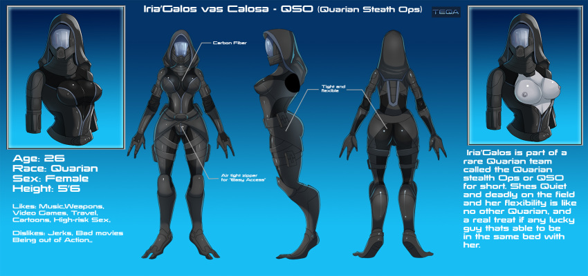 alien ass breasts english_text female mass_effect model_sheet nipples quarian suit teqa text