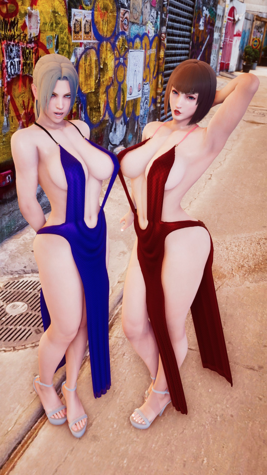 2_girls 3d alluring anna_williams arms_up athletic athletic_female back_alley backalley bangs big_breasts blonde_hair blue_eyes bob_cut breasts brown_hair cleavage death_by_degrees deep_cleavage dress ecchi_fighties female_abs female_focus female_only fit_female hands_behind_back high_heels hourglass_figure lipstick long_hair makeup namco nina_williams outside pale-skinned_female pale_skin pinup pinup_pose ponytail short_hair silf silfs sisters skimpy skimpy_clothes skimpy_dress tekken tekken_(2010_film) tekken_1 tekken_2 tekken_3 tekken_4 tekken_5_dark_resurrection tekken_6_bloodline_rebellion tekken_7 tekken_8 tekken_blood_vengeance tekken_bloodline tekken_tag_tournament tekken_tag_tournament_2 tekken_the_motion_picture wide_hips