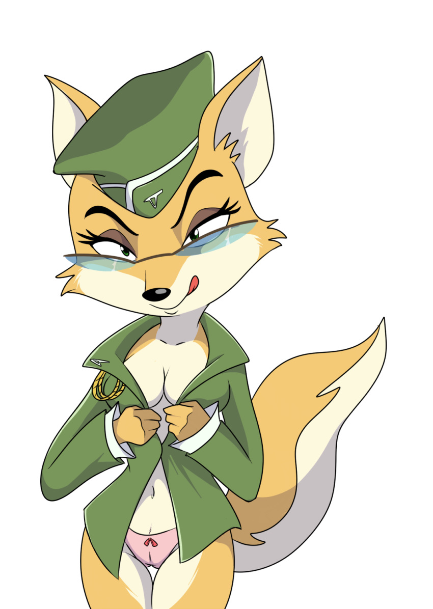 2013 alpha_channel america breasts canine clothed clothing debriefing eyewear female fox glasses green_eyes half-dressed hat it's_always_that_last_fucking_button jacket lt._vixen military panties squirrel_and_hedgehog thigh_gap tongue underwear weapon