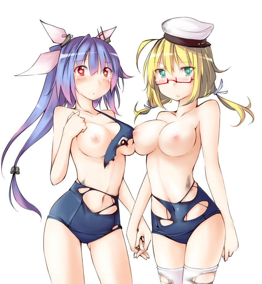 1girl 2_girls areola big_breasts blonde_hair blue_hair blush breasts green_eyes hair_ornament hair_ribbon hat high_resolution holding_hands i-19_(kantai_collection) i-8_(kantai_collection) kaminagi_(kaminagi-tei) kantai_collection legwear long_hair megane multiple_girls navel nipples one-piece_swimsuit red_eyes ribbon short_hair simple_background star star-shaped_pupils star_(symbol) stockings sukumizu swimsuit symbol-shaped_pupils tank_suit tied_hair torn_clothes torn_legwear torn_thighhighs twin_tails white_background white_legwear