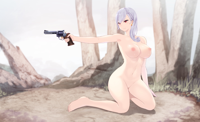 1girl 5_toes big_breasts breasts cait completely_nude earring female_only gun large_filesize mole mole_under_eye nipples nude outdoor red_eyes sword_art_online very_high_resolution weapon white_hair zeliska