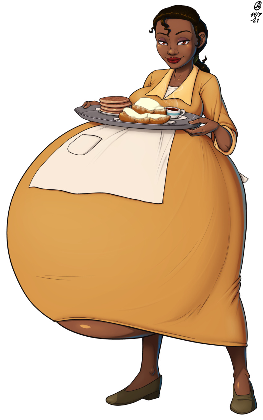 a0iisa aoiisa belly_bulge belly_expansion brown_eyes brown_hair disney hyper_pregnancy ponytail pregnant pregnant_belly pregnant_female princess_tiana smile the_princess_and_the_frog