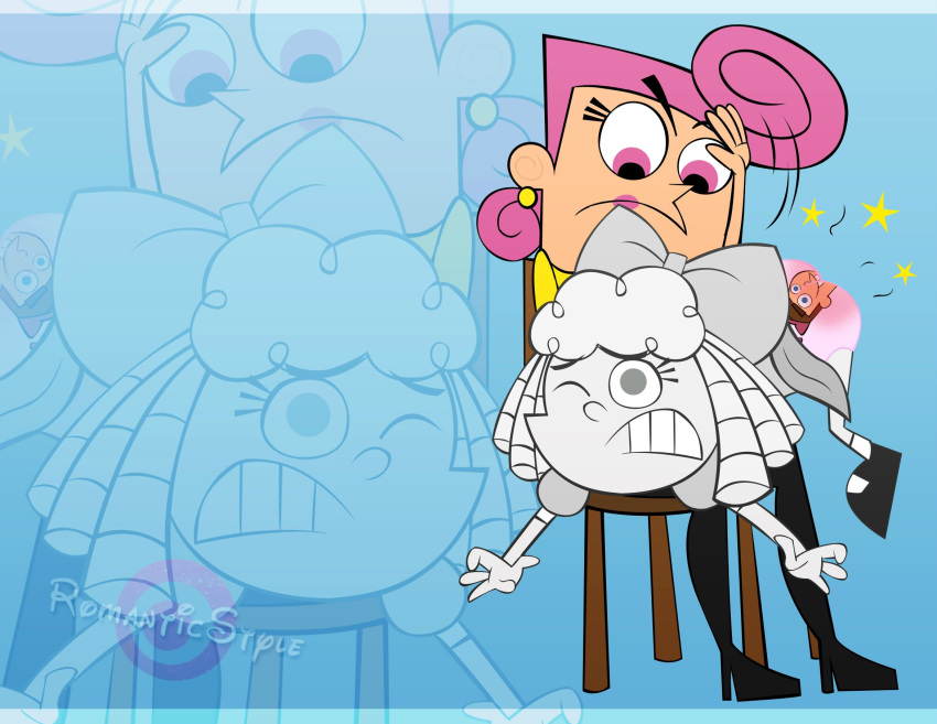 angry ass bent_over boots bow funny grey_eyes grey_hair grey_skin maryann over_the_knee panties pink_eyes pink_lipstick pink_panties printed_panties red_ass short_hair skirt skirt_lift spank spanking star the_fairly_oddparents wanda