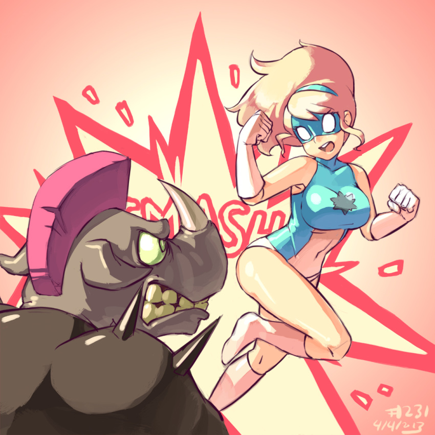 1boy 1girl bare_legs bare_shoulders big_breasts blonde_hair boots breasts dated elbow_gloves english gloves hairband horn impossible_clothes impossible_shirt junkpuyo large_breasts leotard long_hair mask mohawk monster navel no_pupils ponytail powertrip rhinox rhyno shirt simple_background smash_girl smashgirl smile spikes superhero teeth