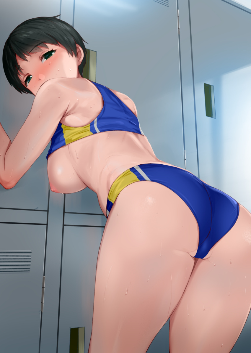 1girl 1girl 1girl against_locker ass big_breasts black_hair bloomers blue_bloomers blue_pants blush breasts breasts_out_of_clothes clothing cowboy_shot green_eyes high_resolution indoors kantai_collection kusaka_souji leaning_forward locker looking_at_viewer looking_back mogami_(kantai_collection) nipples pants short_hair sportswear standing sweat tomboy track_uniform two-tone_pants underwear