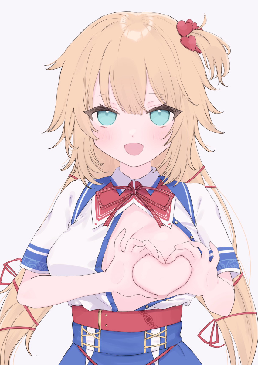 1girl akai_haato blonde blue_eyes blue_skirt blush breast_slip breasts collared_shirt erect_nipples erect_nipples_under_clothes eyebrows_visible_through_hair eyelashes grey_background hair_between_eyes hair_ornament hair_ribbon heart heart_hair_ornament heart_hands high-waist_skirt high_resolution hololive long_hair looking_at_viewer medium_breasts neck_ribbon nekome_anya nipples no_bra one_breast_out_of_clothes open_mouth red_neckwear red_ribbon ribbon shirt short_sidetail short_sleeves simple_background skirt smile unbuttoned upper_body virtual_youtuber white_background white_shirt wing_collar
