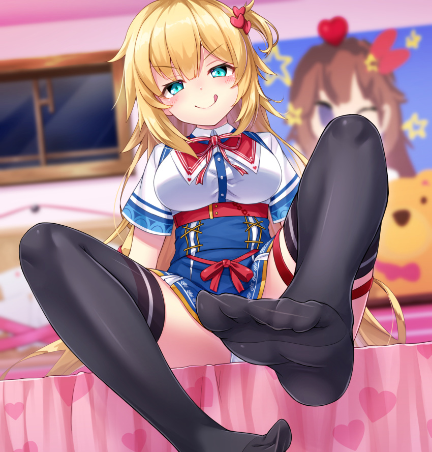 1girl 1girl :p akai_haato bed big_breasts black_legwear blonde blue_eyes blurry blurry_background blush breasts feet hair_ornament high_resolution hololive kasaran long_hair looking_at_viewer no_shoes panchira panties poster pov_feet sitting smile soles stockings tongue tongue_out underwear virtual_youtuber white_panties white_underwear window