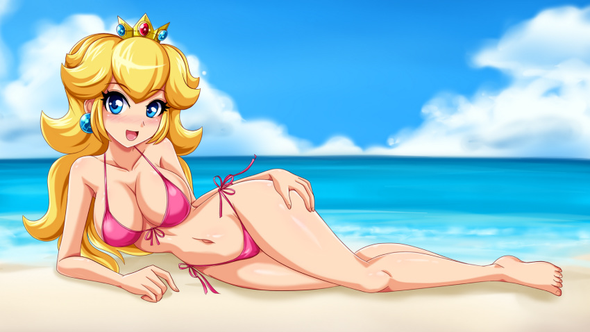 beach big_breasts female nintendo pink_bikini princess_peach solo_female super_mario_bros.