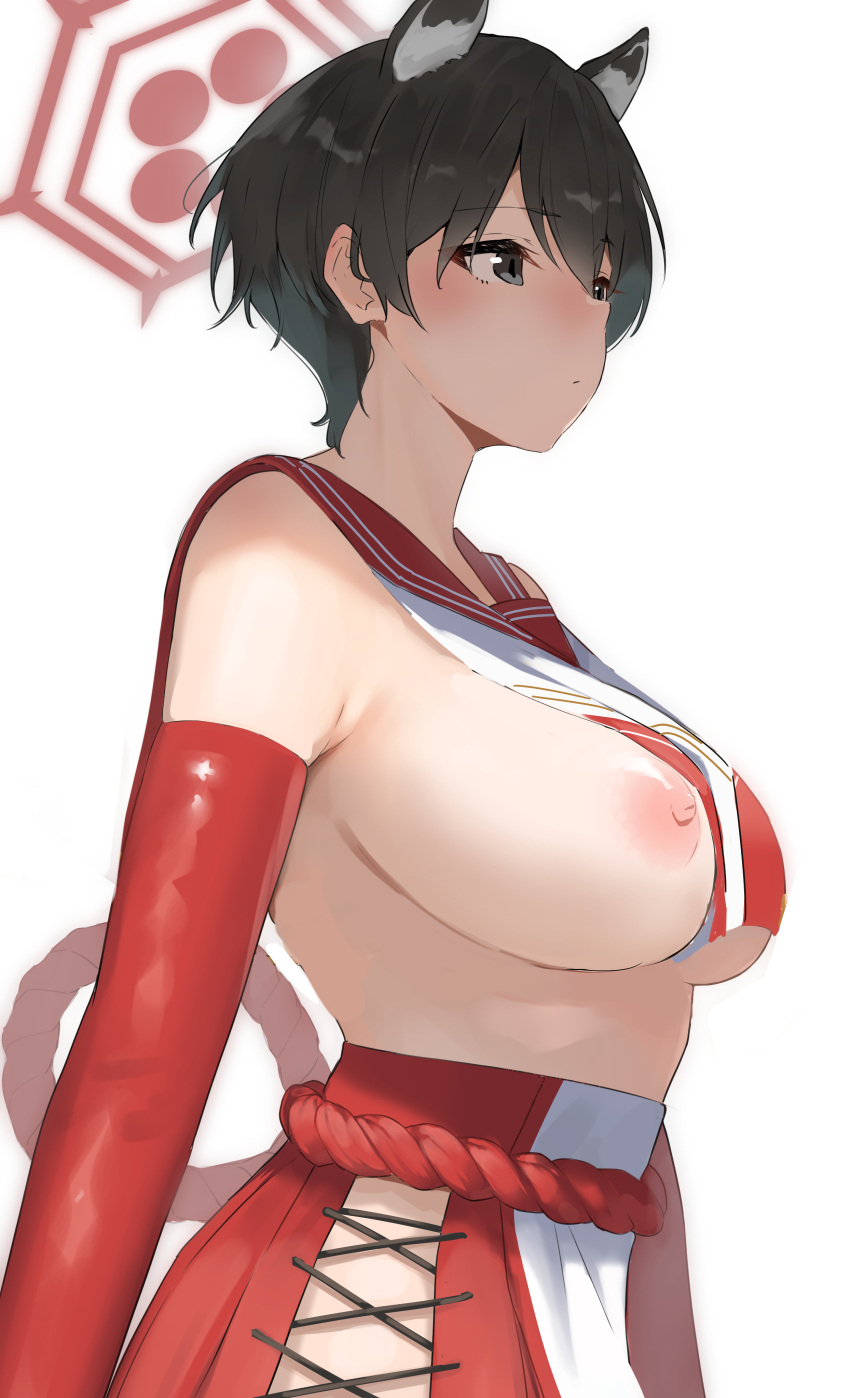 1girl animal_ears bare_shoulders big_breasts black_hair blue_archive breast_curtains breasts clothing elbow_gloves female_only female_solo gloves grey_eyes high_resolution in_profile kasuga_tsubaki_(blue_archive) nipples no_bra red_gloves red_sailor_collar red_skirt revealing_clothes rope sailor_collar short_hair sideboob sideless_outfit simple_background skirt takita_(takita3411) tassel two-tone_shirt under_boob upper_body very_high_resolution white_background