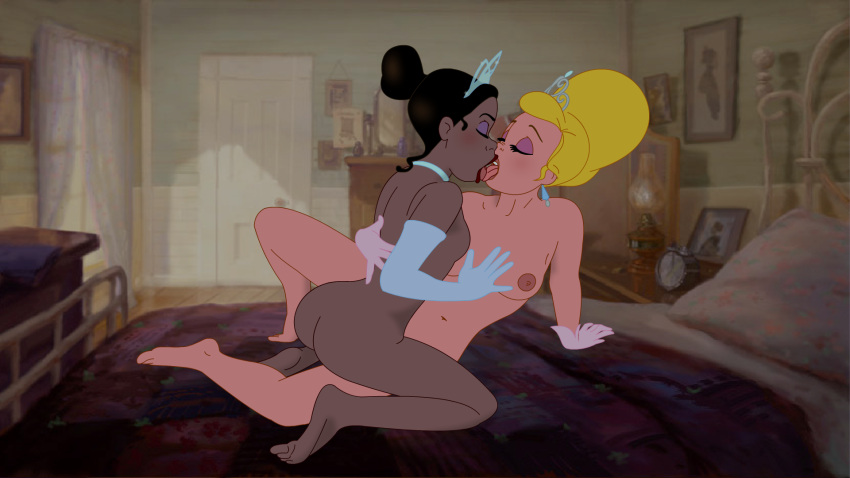1girl 2_girls 2girls areola areolae arm_support armwear ass back bed bedroom black_hair blonde_hair blue_elbow_gloves blue_gloves blush breasts charlotte_la_bouff closed_eyes dark-skinned_female dark_skin disney duo ear_piercing earrings elbow_gloves eyelashes eyeshadow female female/female female_only french_kiss functionally_nude gloves hand_on_another's_chest hand_on_back hand_on_chest handwear indoors interracial interracial_yuri kissing kneel kneeling lesbian light-skinned light-skinned_female light_skin makeup medium_breasts mostly_nude multiple_girls navel nipples nude on_bed open_mouth piercing pink_gloves princess_tiana purple_eyeshadow rooler34 sideboob sitting spread_legs the_princess_and_the_frog thighs tiara tongue tongue_out yuri