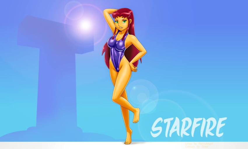 1girl breasts dc_comics drew_gardner_(artist) female_only one-piece_swimsuit pervyangel solo solo_female starfire swimsuit teen teen_titans young_adult