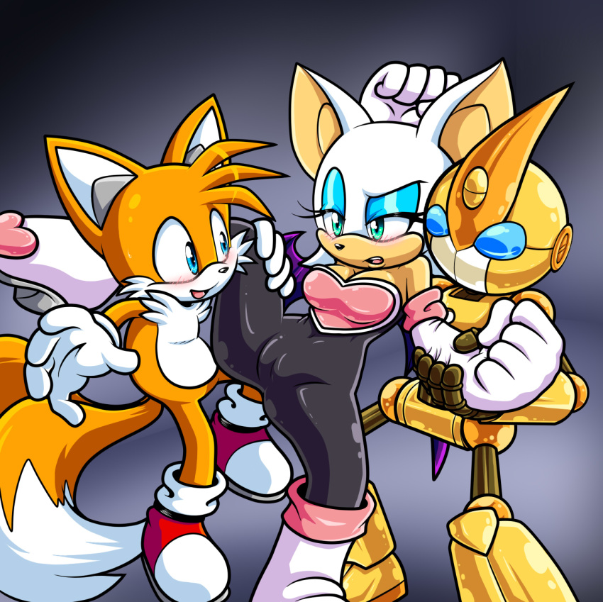 2013 alpha_channel bat black_nose blue_eyes breasts canine emerl eyelashes female fist footwear fox fur gloves green_eyes group happy heart hetero high_heels highres holding leatherruffian lift machine male mechanical miles_"tails"_prower open_mouth pointy_ears raised_arm raised_leg robot rouge_the_bat sega sharp_teeth shoes skin smile socks sonic_(series) spread_legs spreading standing suit teeth tongue white_fur yellow_fur